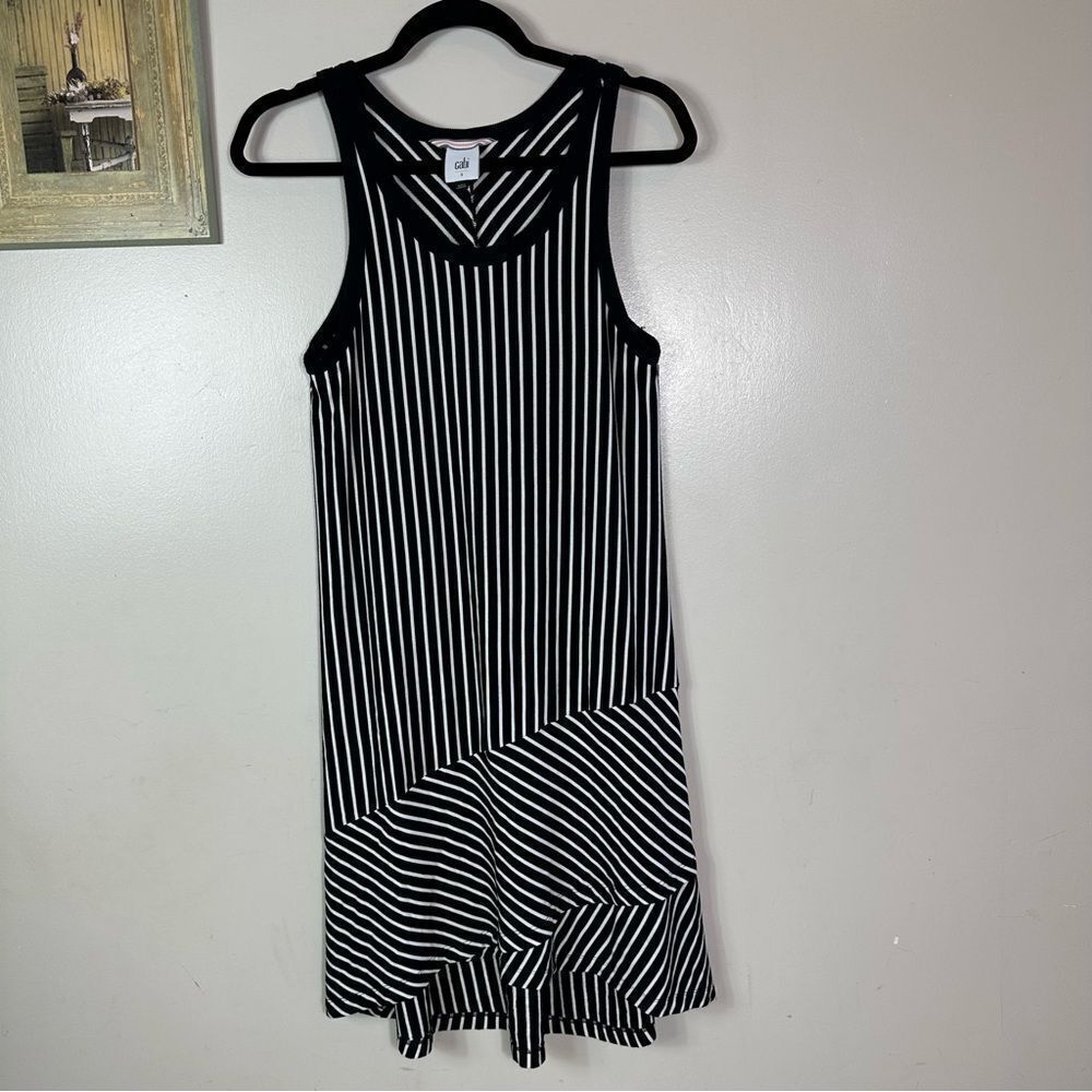 CAbi Black and White Striped Midi Dress